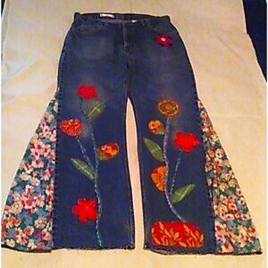 Key Jeans Upcycled 33" x 31.5" Kantha Flowers Applique Bell Bottoms Upcycled